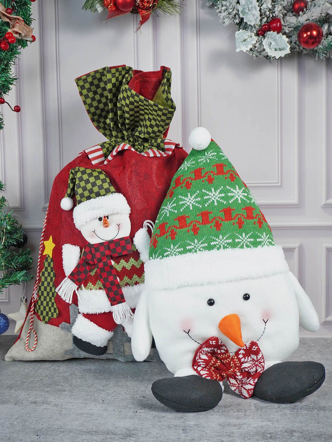 

Little Surprise Box LLP 2 Pcs Green & Red Snowman Pillow & Gift Sack For Christmas Dcor