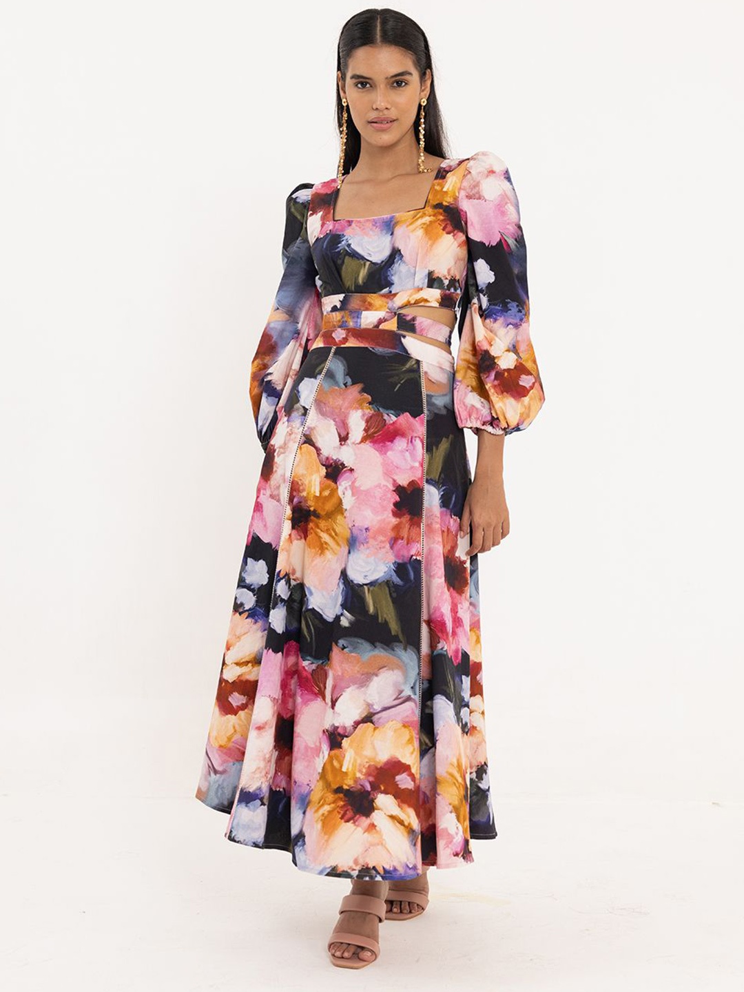 

THR3Letter Floral Print Puff Sleeve Fit & Flare Maxi Dress, Pink