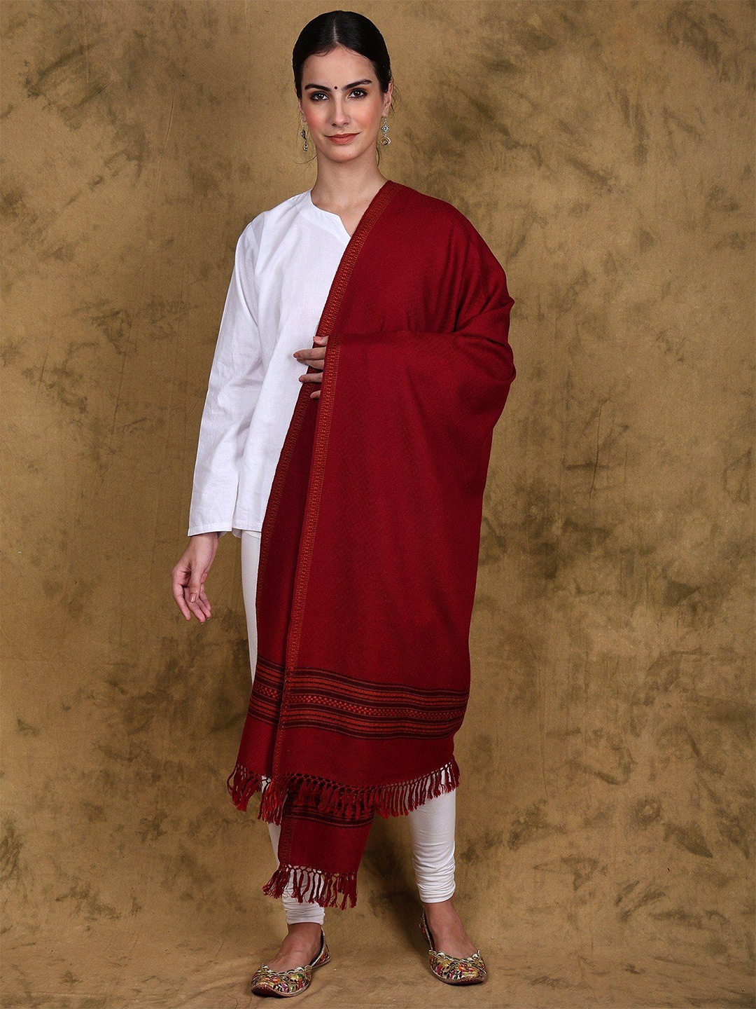 

Exotic India Handloom Wool Stole with Multicolor Woven Kinnauri Border, Red
