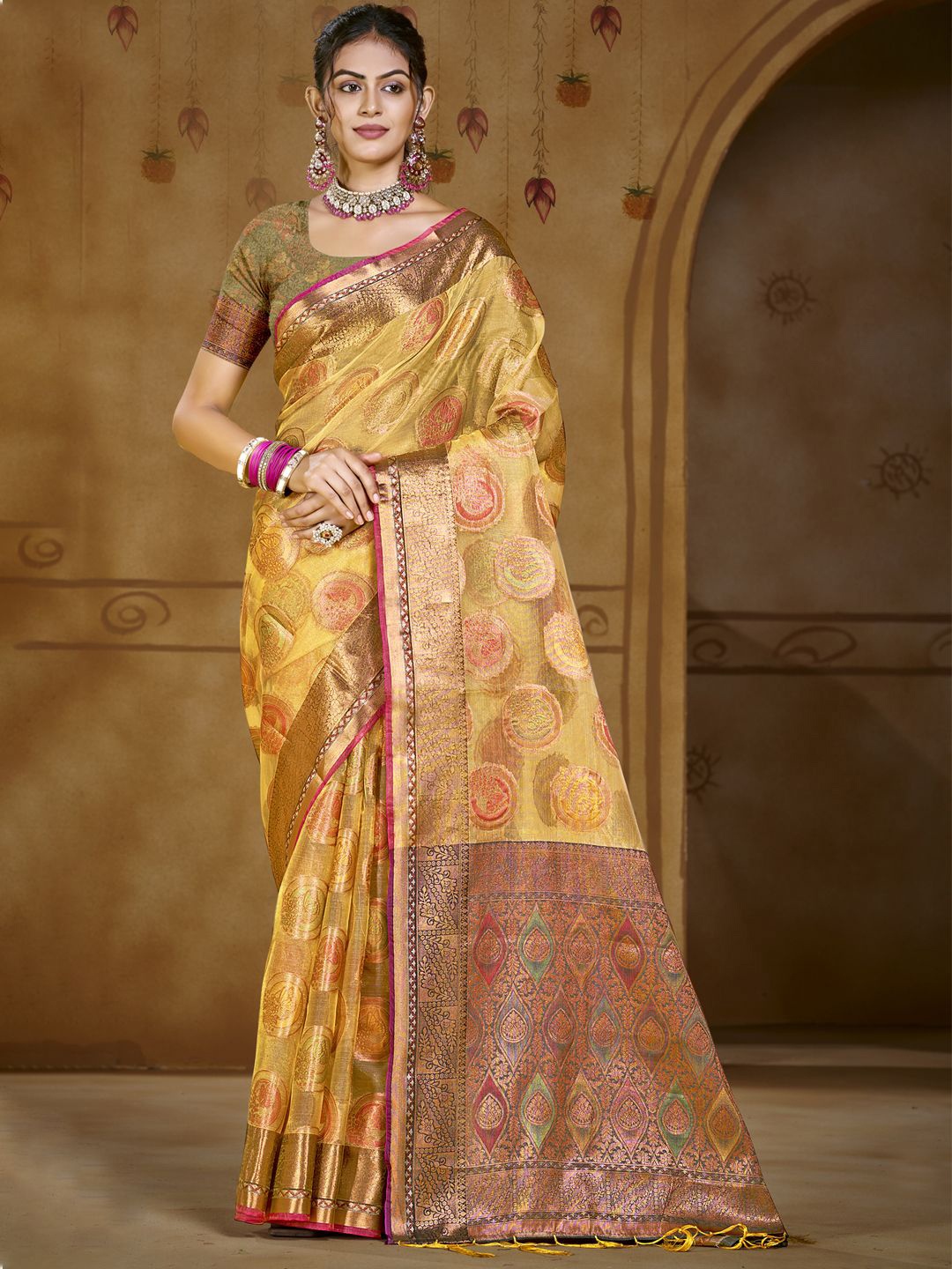 

SANGAM PRINTS Woven Design Organza Designer Tussar Saree, Yellow