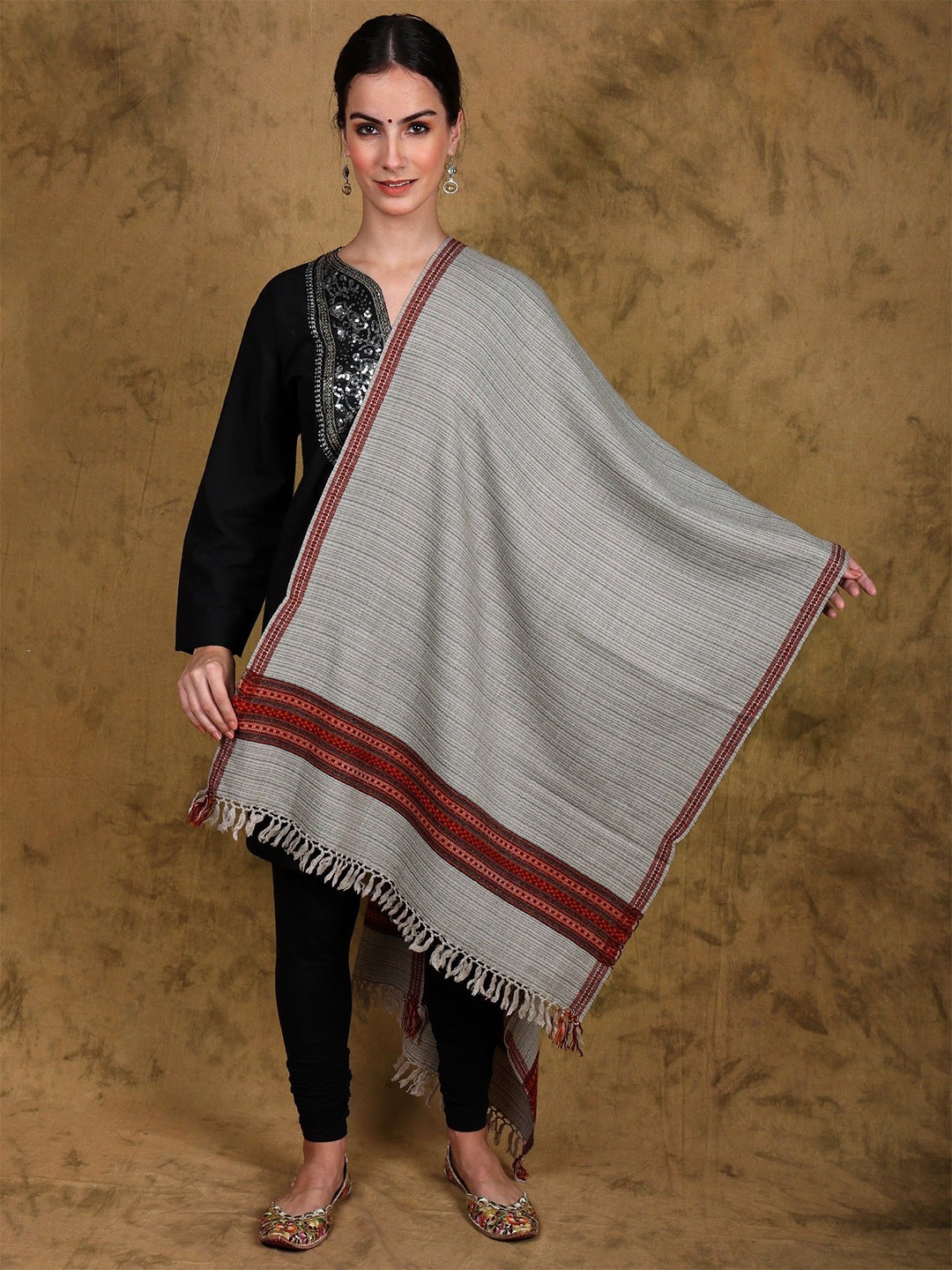 

Exotic India Quiet-Gray Wool Kullu Stole with Woven Kinnauri Border and Stripe Pattern, Grey