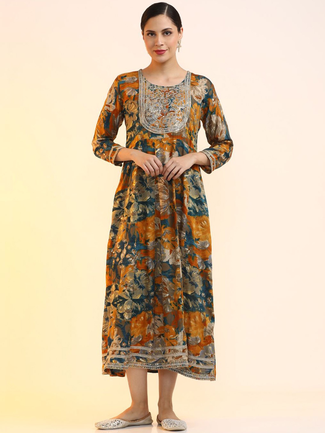 

Jaipur Kurti Floral Printed Embroidered Detail Fit & Flare Ethnic Midi Dress, Brown