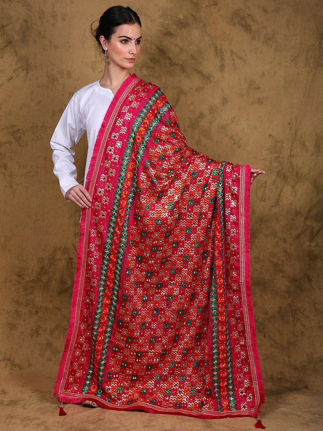 

Exotic India Phulkari Dupatta from Punjab with Heavy Thread Embroidery & Bead-Mirror Work, Pink