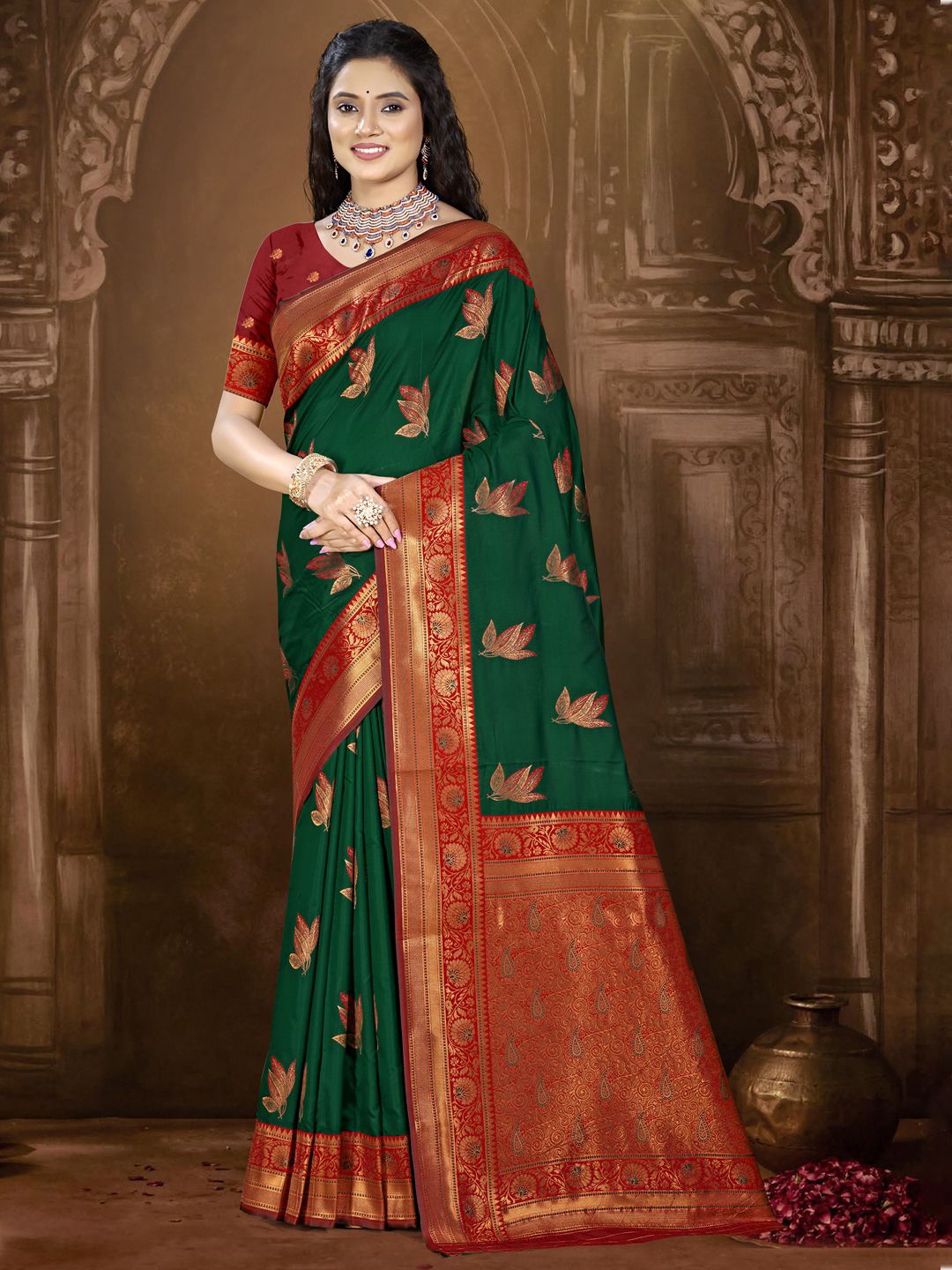 

SANGAM PRINTS Woven Design Silk Blend Designer Tussar Saree, Green