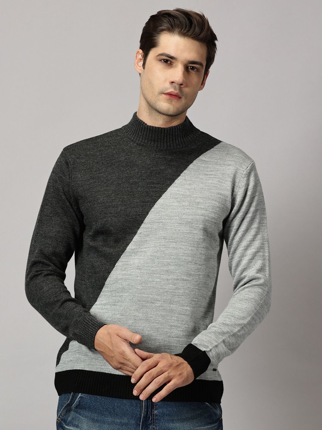 

BLACK BUCK Colourblocked High Neck Sweater, Grey