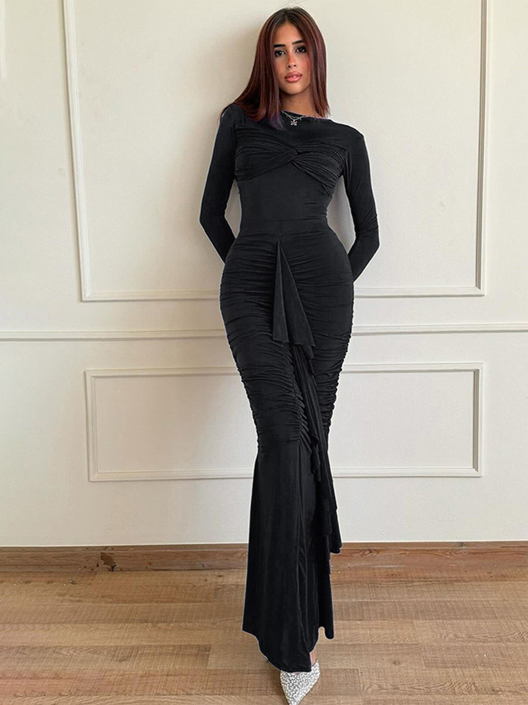 

LULU & SKY Women Boat Neck Ruched Detail Fishtail Maxi Dress, Black