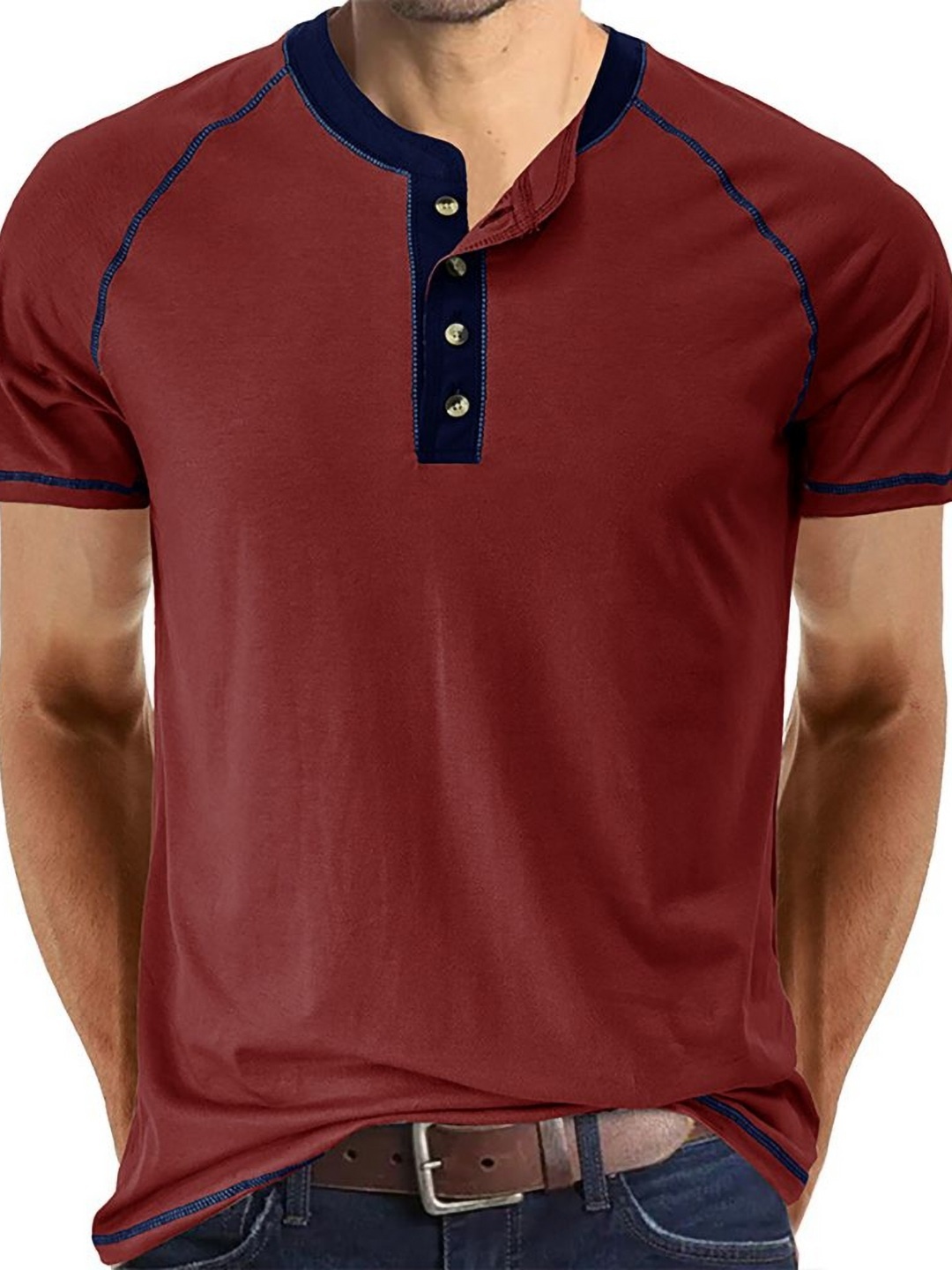 

StyleCast x Revolte Men Solid Mandarin Collar Cotton T-shirt, Maroon