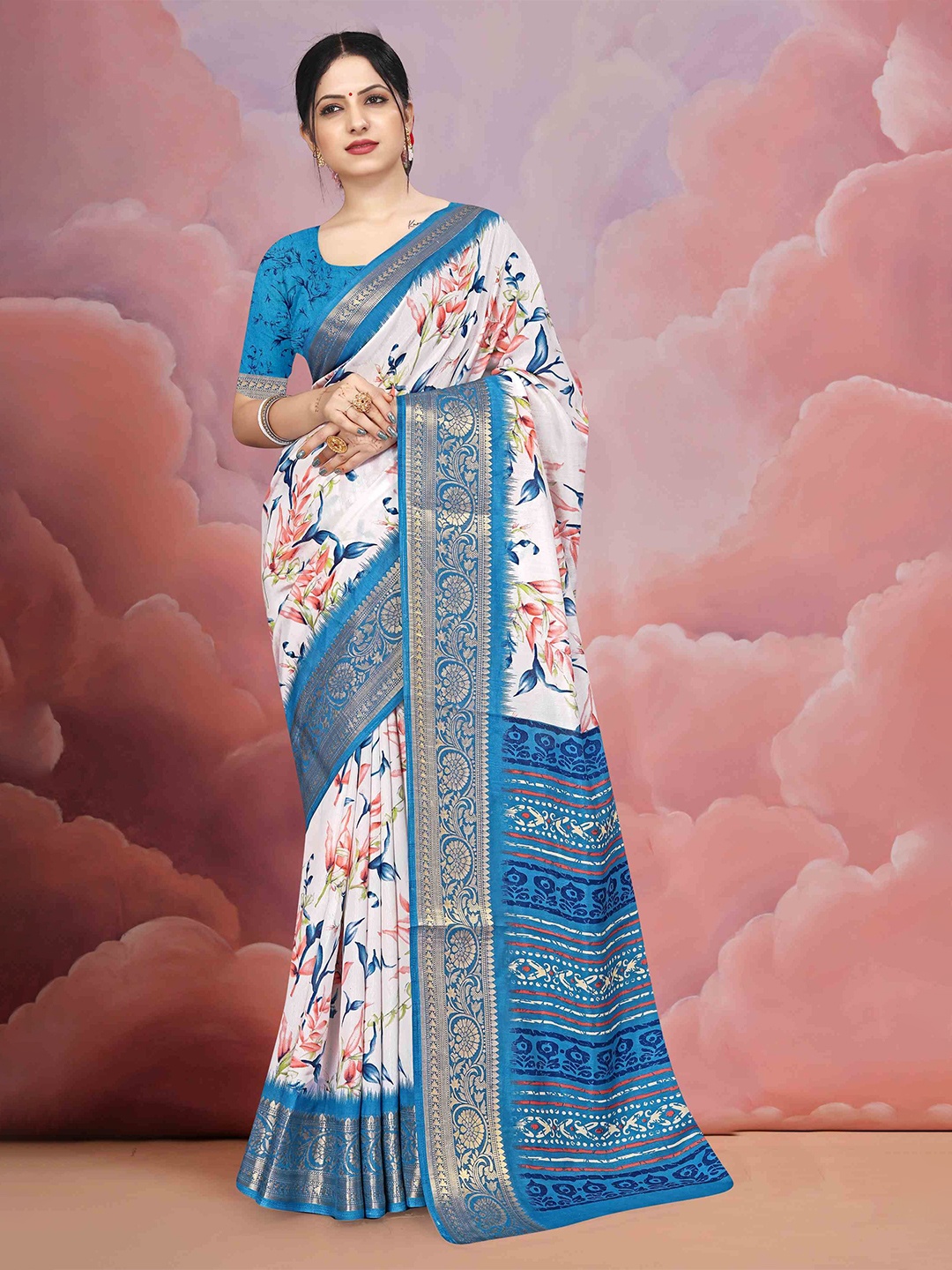 

STAVA CREATION Floral Zari Silk Cotton Mysore Silk Saree, Blue