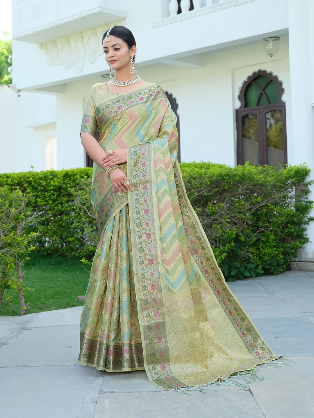 

ISHIKA FAB Leheriya Zari Organza Banarasi Saree, Green