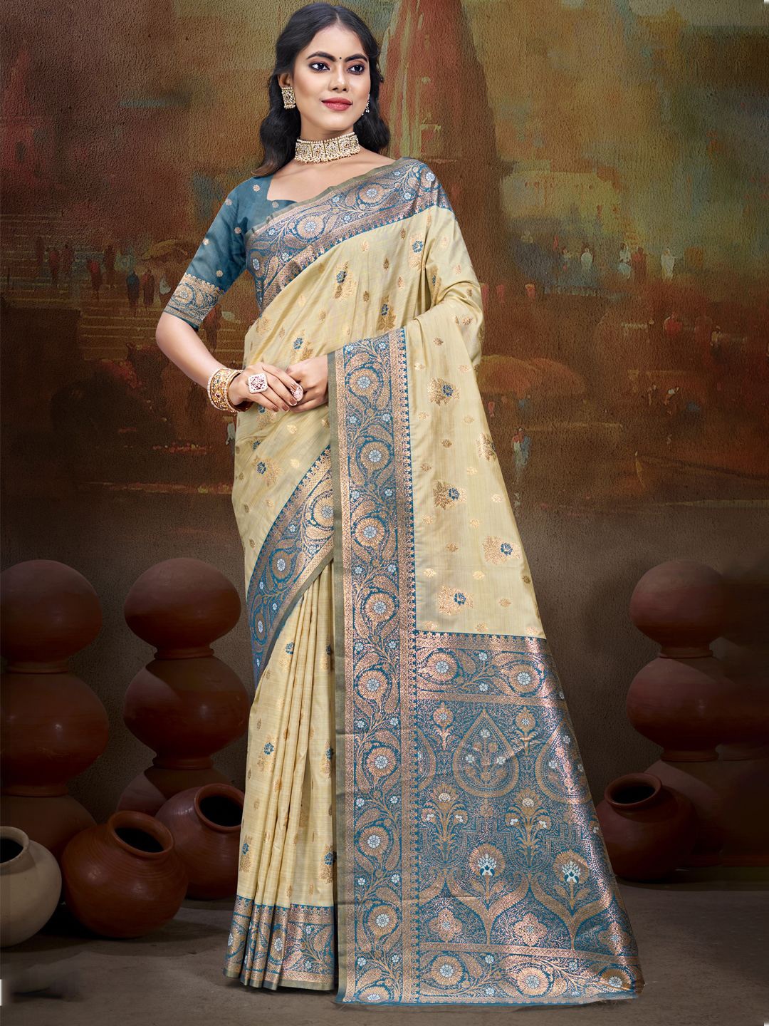 

SANGAM PRINTS Floral Zari Silk Blend Tussar Saree, Beige