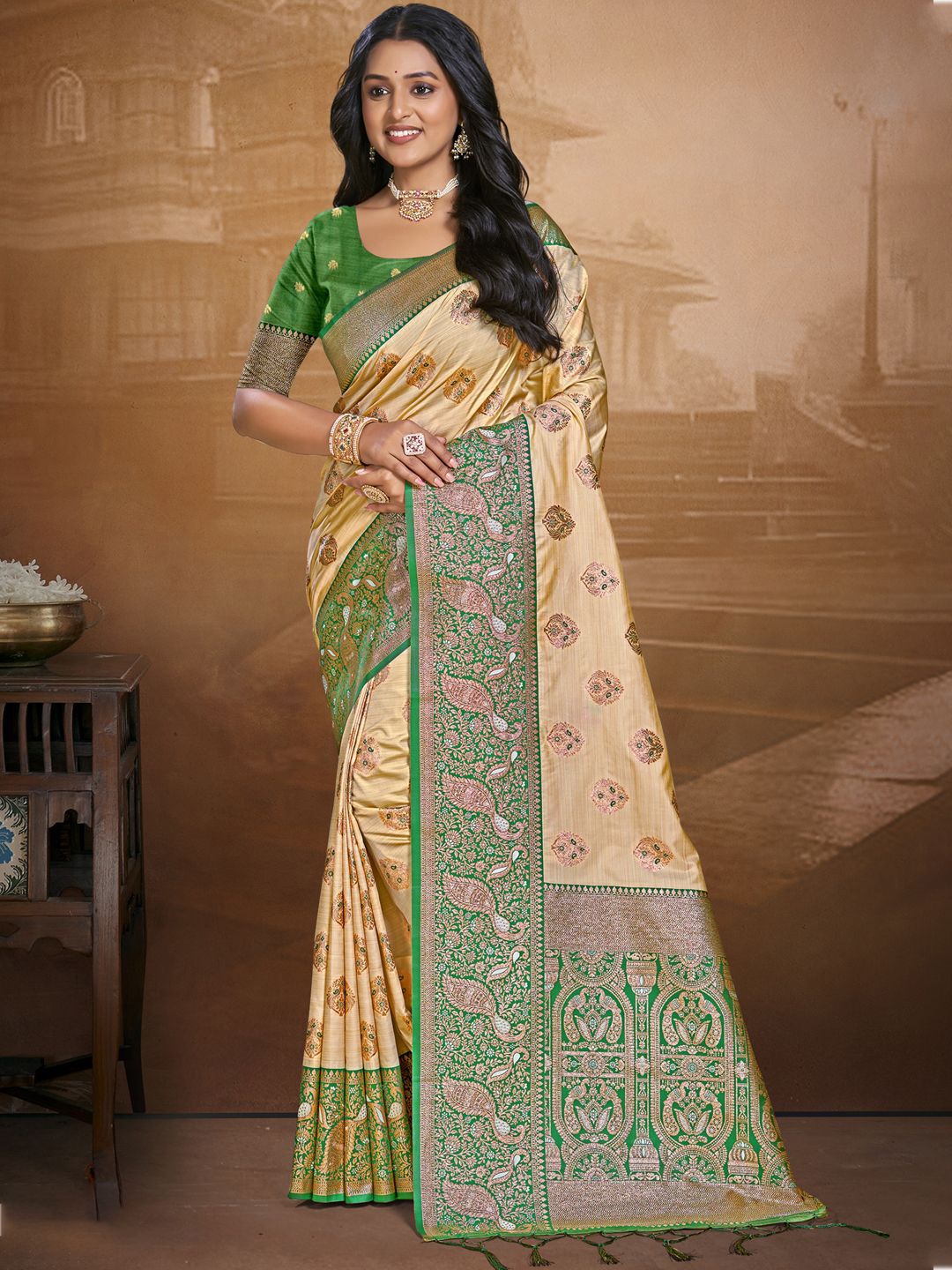 

SANGAM PRINTS Floral Zari Silk Blend Tussar Saree, Beige