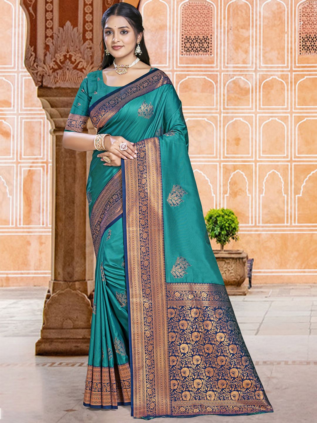 

SANGAM PRINTS Woven Design Silk Blend Designer Tussar Saree, Blue