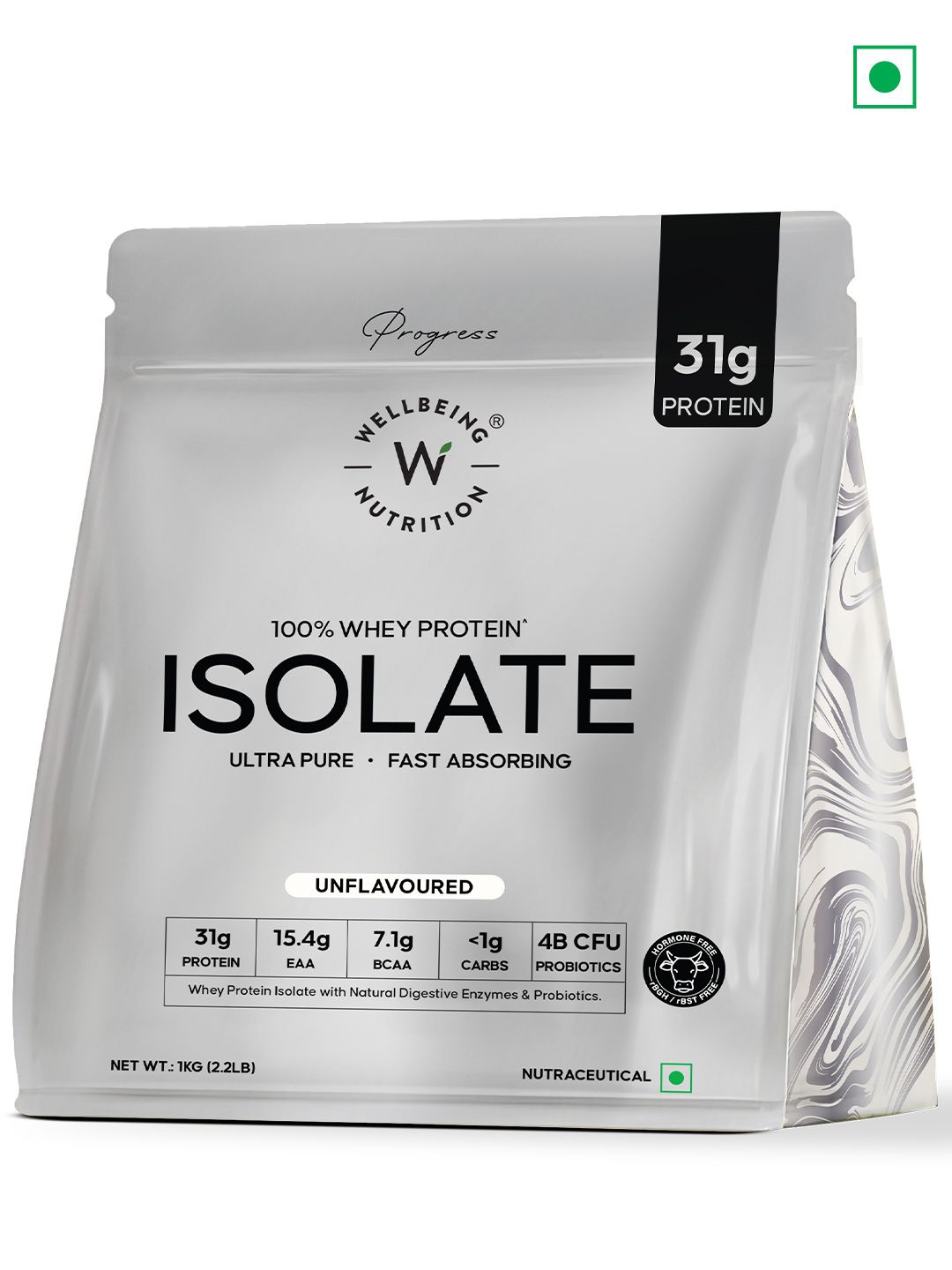 

Wellbeing Nutrition 100% Easy to Digest 31g Isolate Whey Protein - Unflavored - 1kg, White