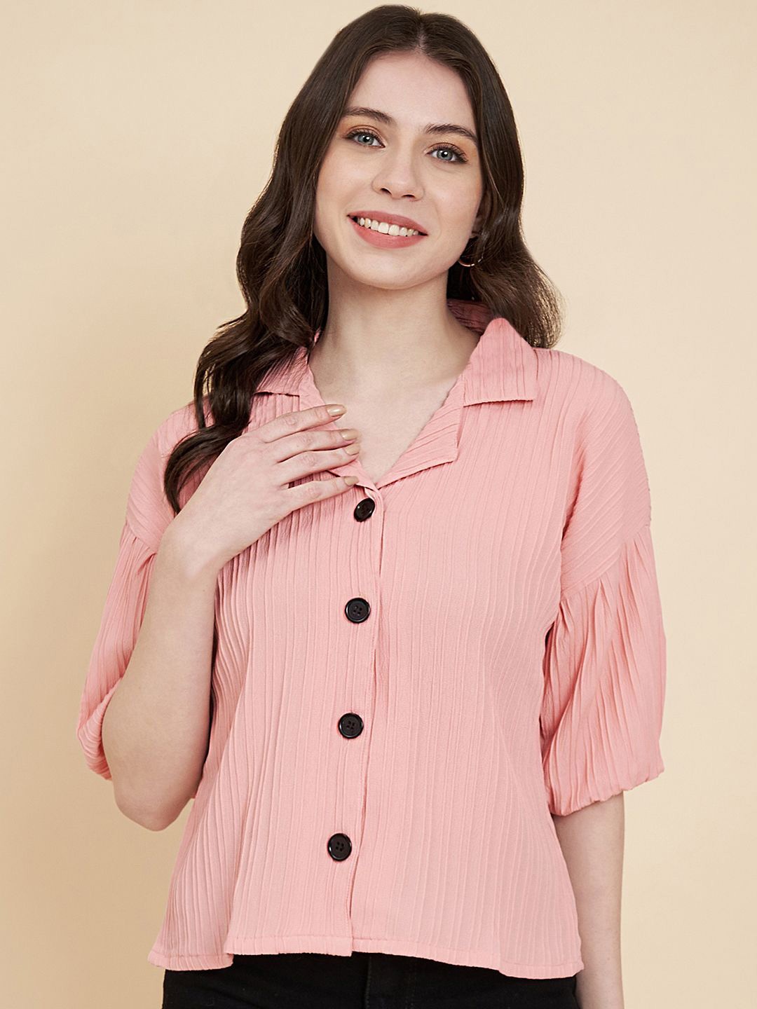 

HERE&NOW Women Classic Boxy Opaque Striped Casual Shirt, Mauve