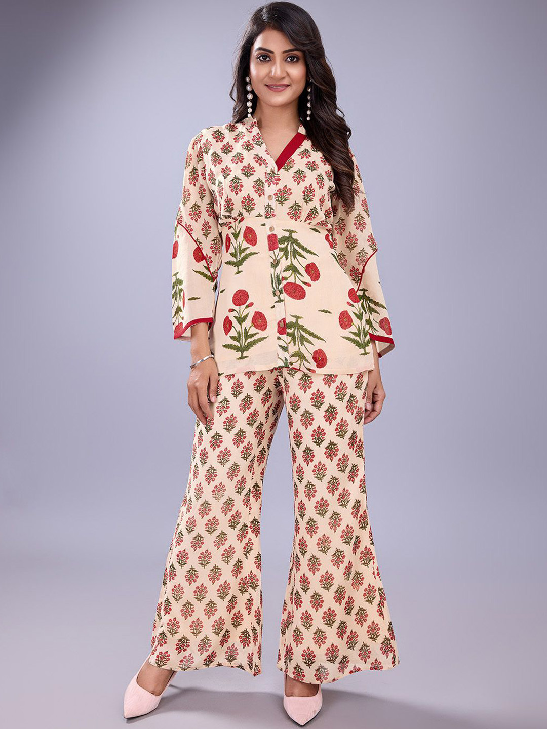 

Komarri U Printed Mandarin Collar Pure Cotton Shirt & Trousers, Beige
