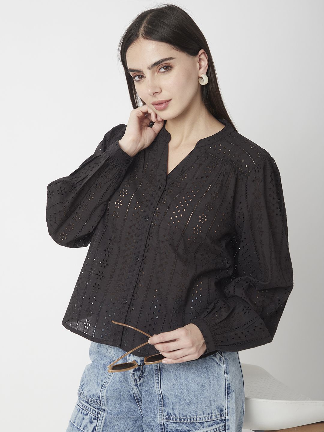 

R&B Women Mandarin Collar Self Design Cotton A-Line Crop Top, Black