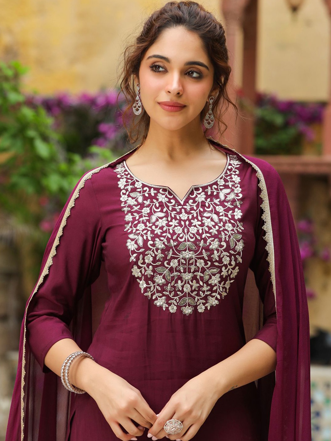 

Janasya Women Ethnic Motifs Embroidered Regular Sequinned Kurta with Trousers & With Dupatta, Purple