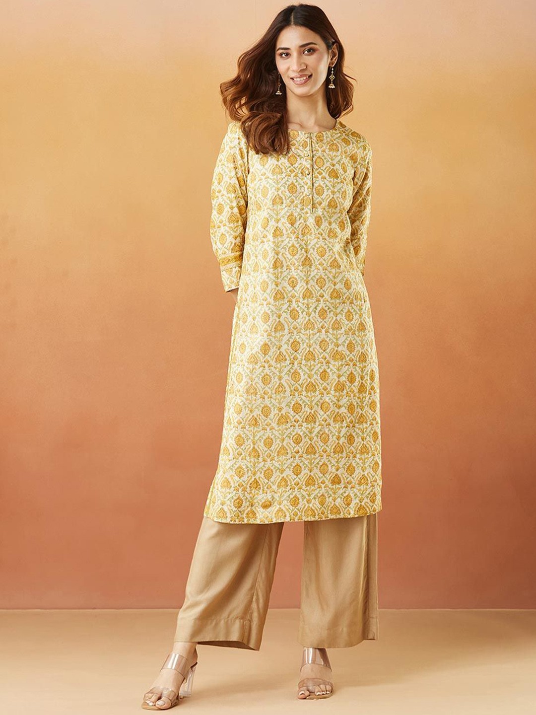 

Fabindia Women Ethnic Motifs Printed Thread Work Kurta, Mustard