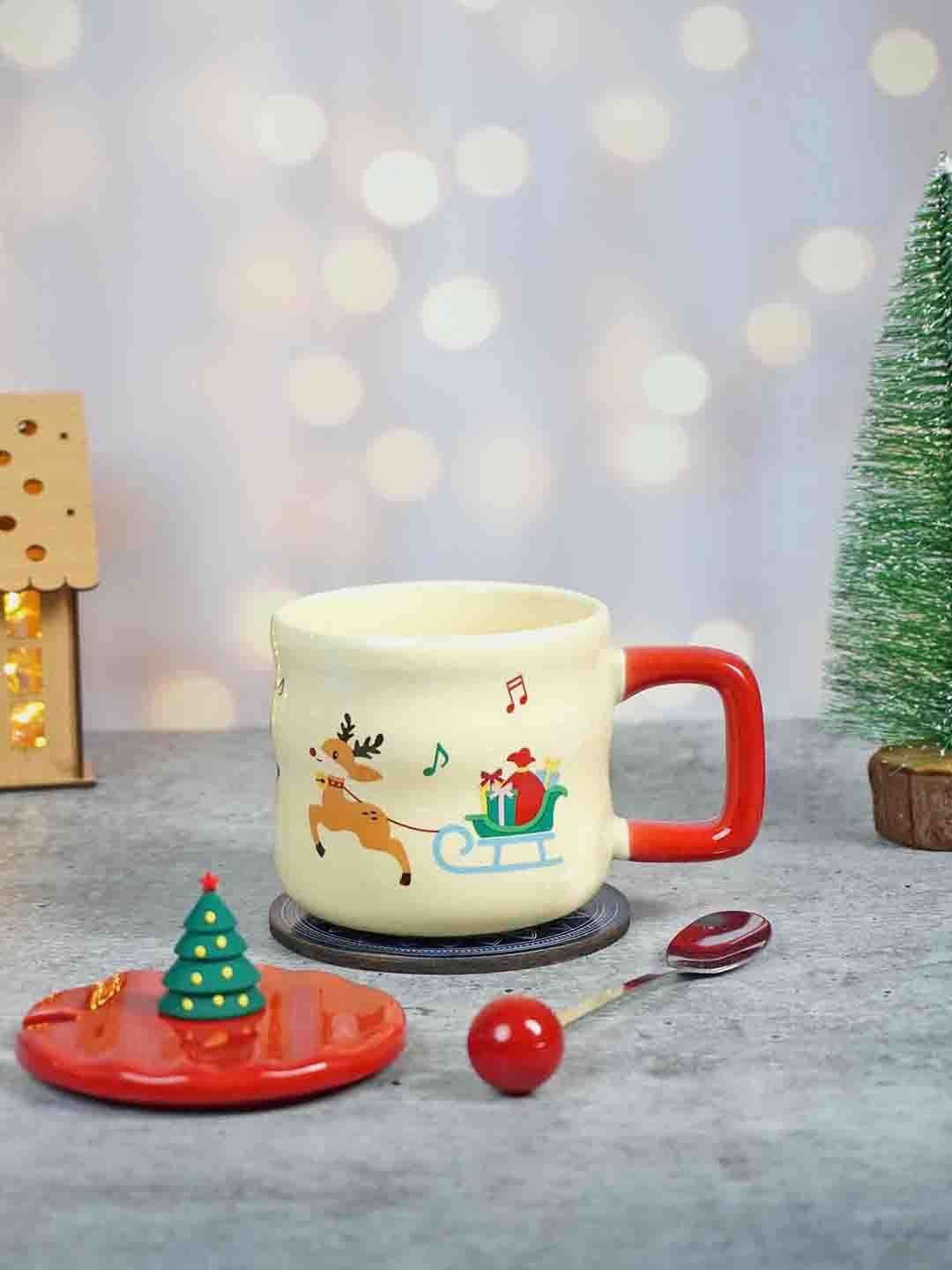 

Little Surprise Box LLP Beige Printed & 3D Christmas Tree Mug With Lid & Stainless Spoon