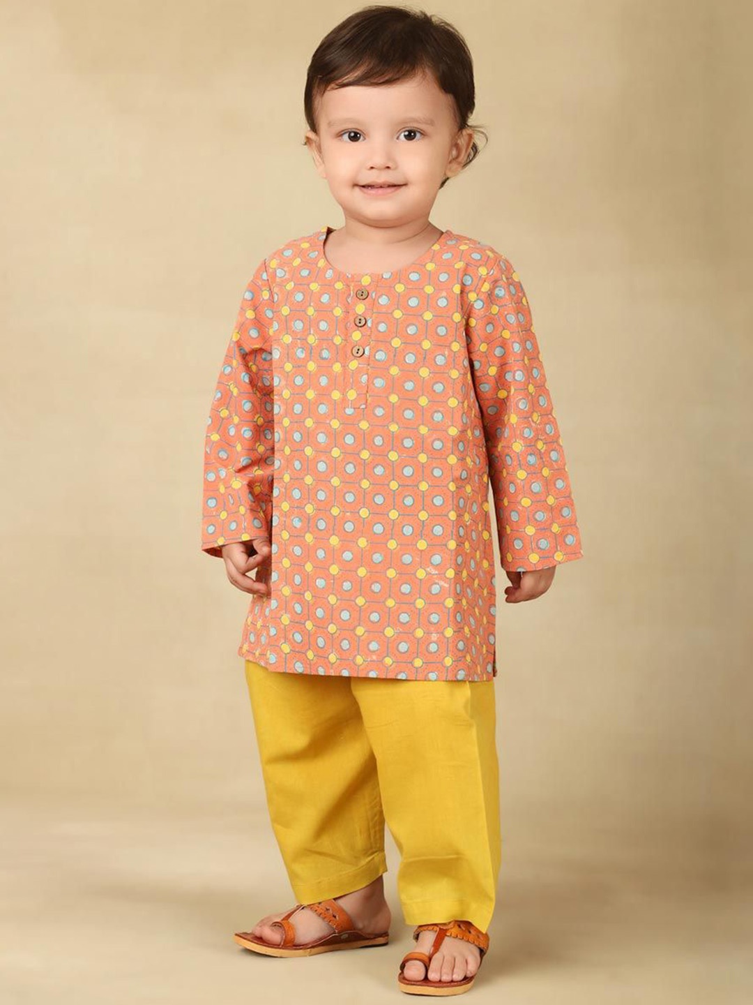 

Fabindia Boys Printed Regular Pure Cotton Kurta with Pyjamas, Coral