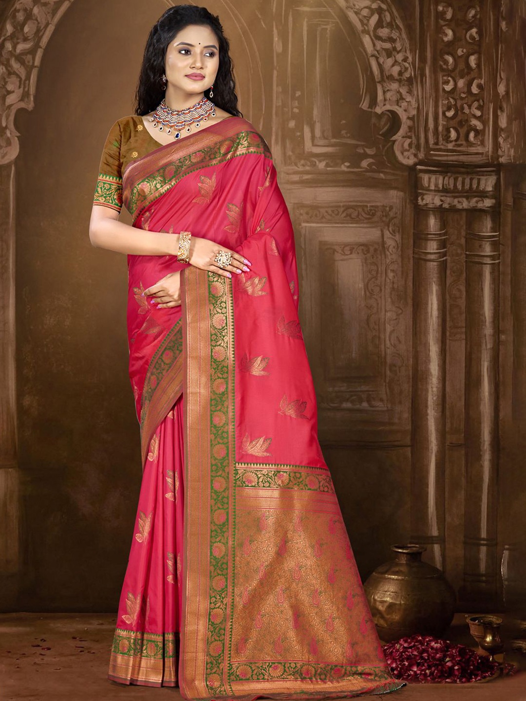 

SANGAM PRINTS Woven Design Zari Silk Blend Tussar Saree, Rose