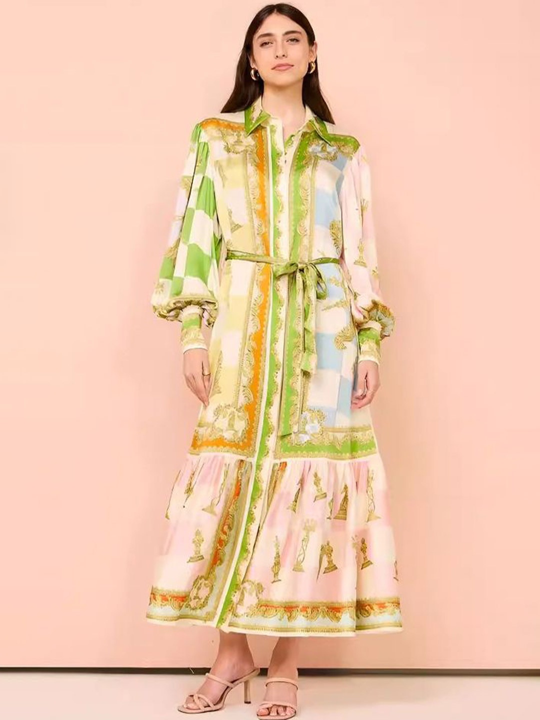 

LULU & SKY Women Ethnic Motifs Printed Shirt Collar Maxi Dress, Green