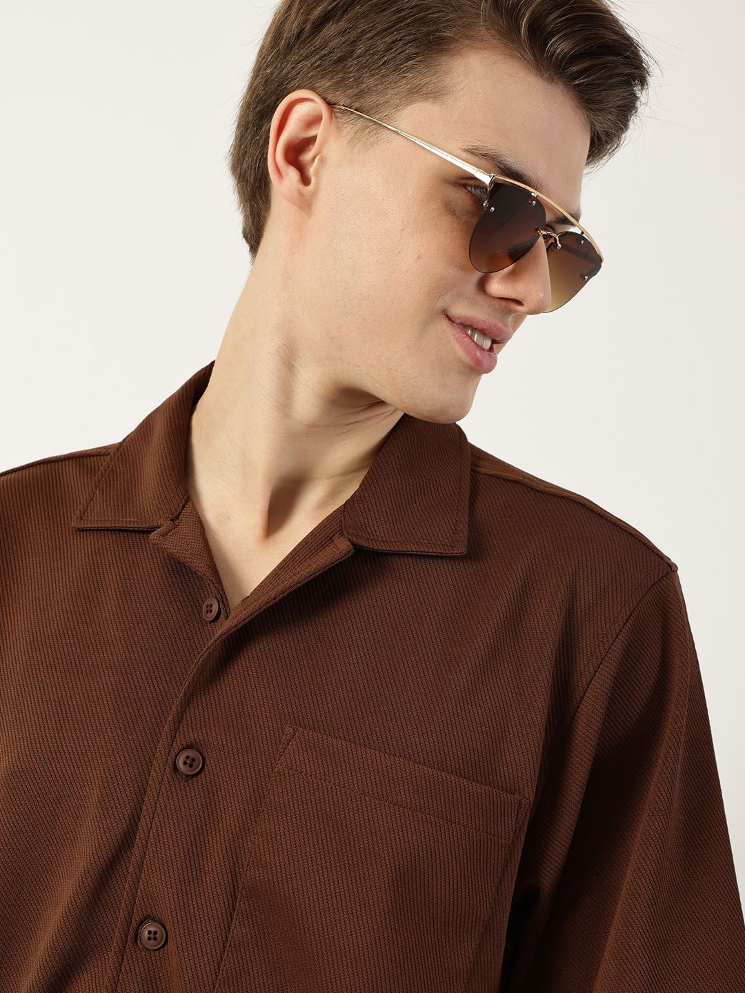 

Thomas Scott Men Premium Cuban Collar Textured Cotton Oversized Casual Shirt, Brown