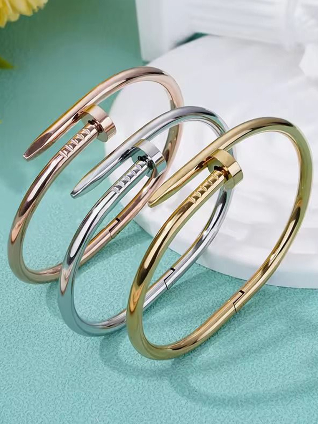 

MEENAZ Women 3 American Diamond Antique Gold-Plated Bangle-Style Bracelet, Rose gold