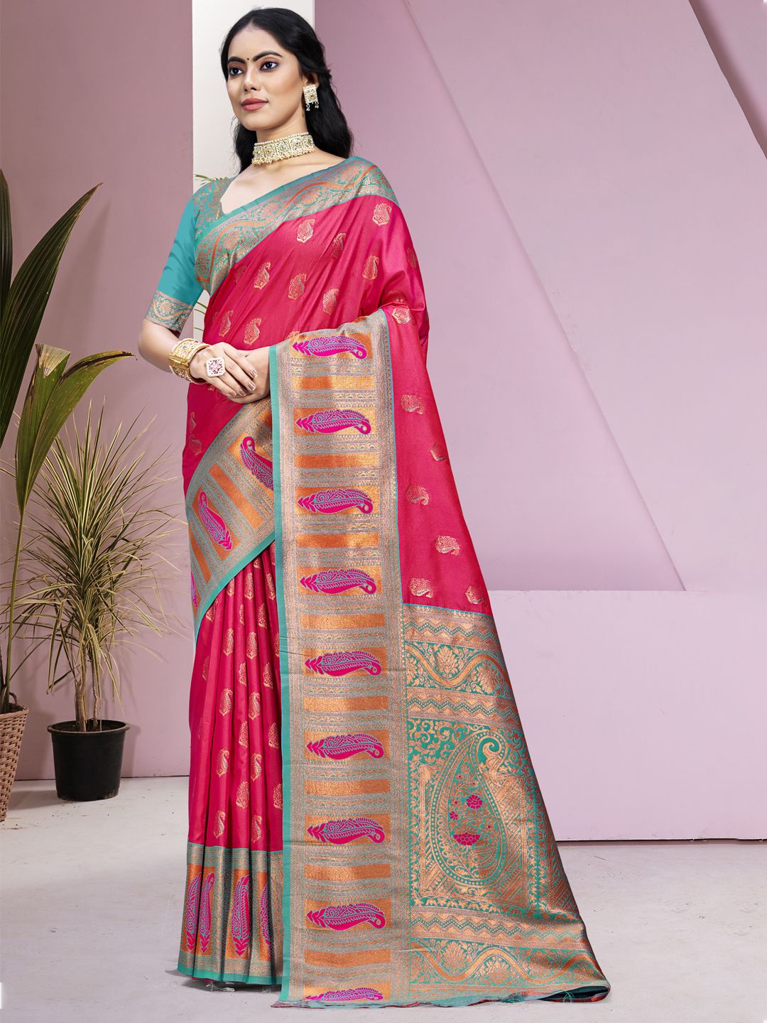 

SANGAM PRINTS Woven Design Zari Silk Blend Tussar Saree, Rose