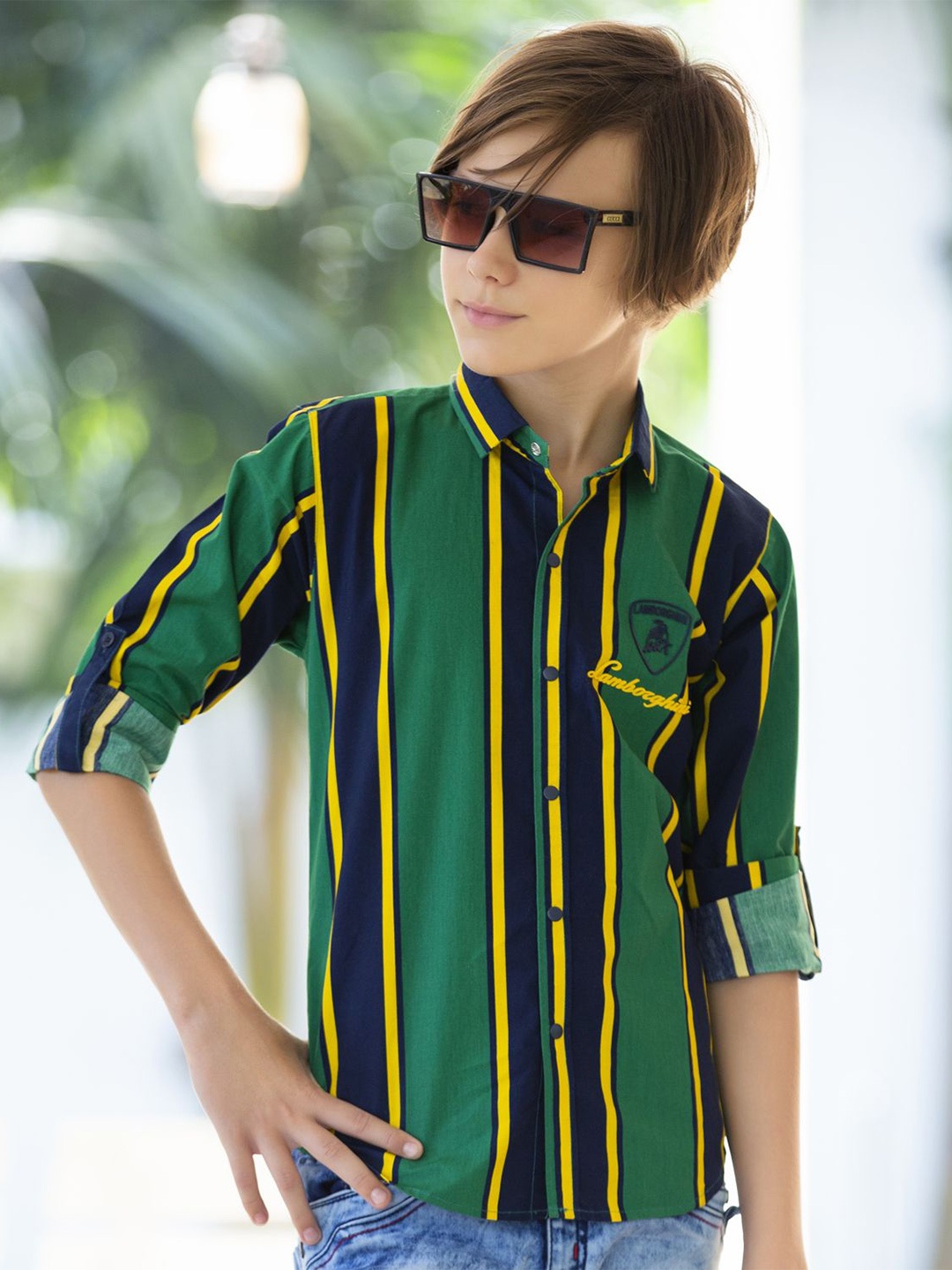 

MashUp Boys Classic Opaque Striped Casual Shirt, Green