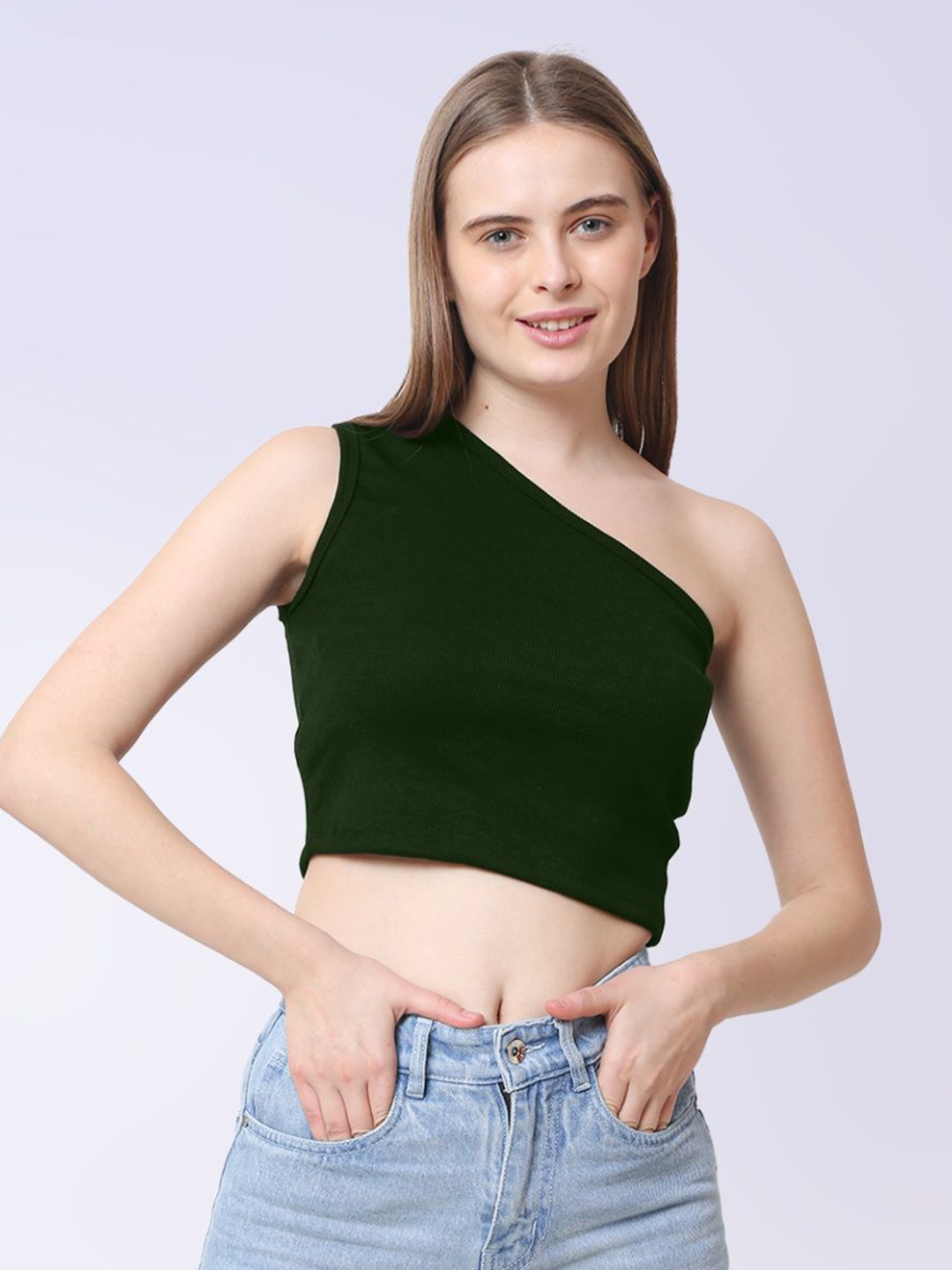 

CareDone Women One Shoulder Sleeveless Casual Crop Top, Olive