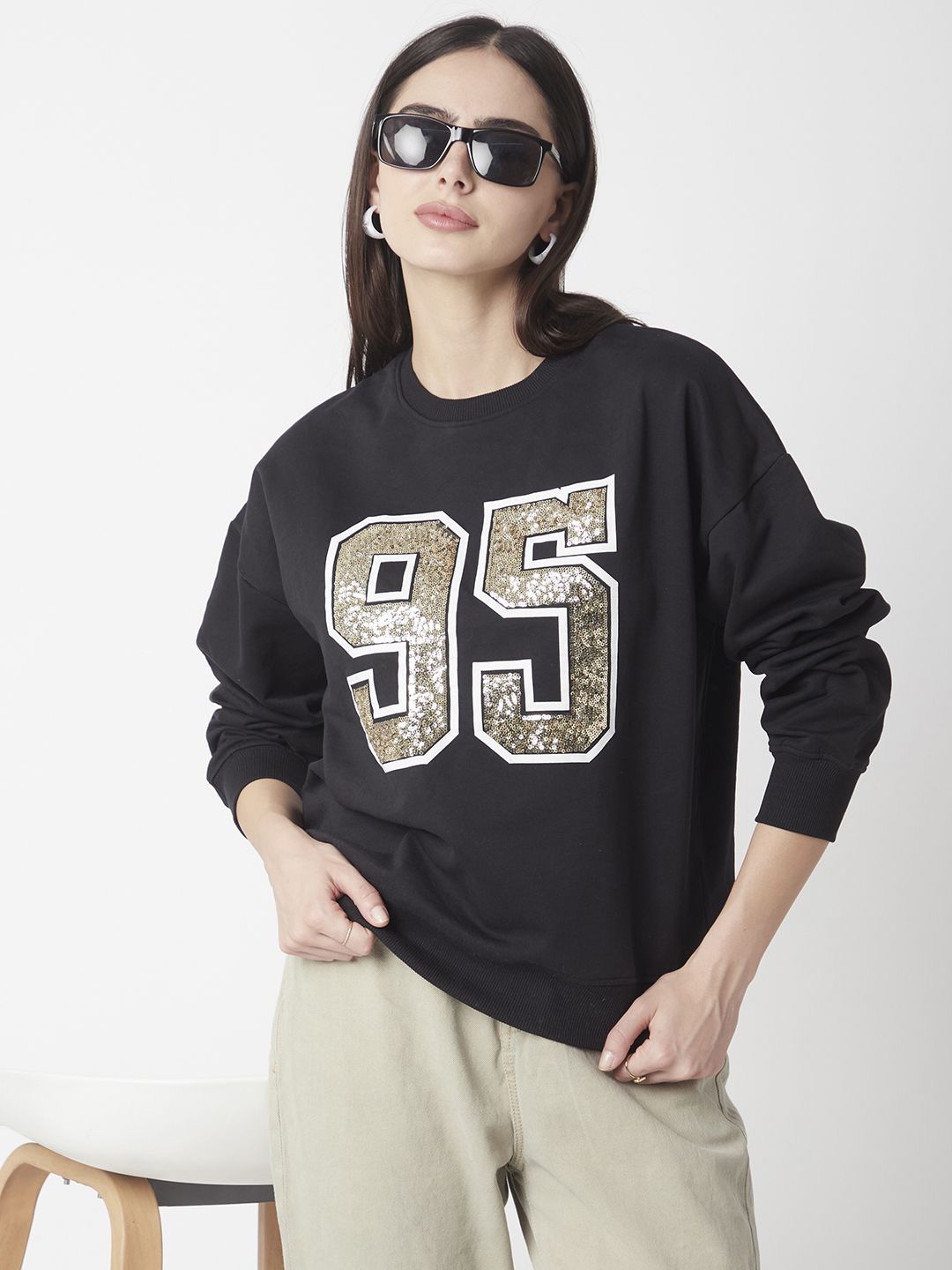 

R&B Women Printed Long Sleeves Pullover Sweatshirt, Black