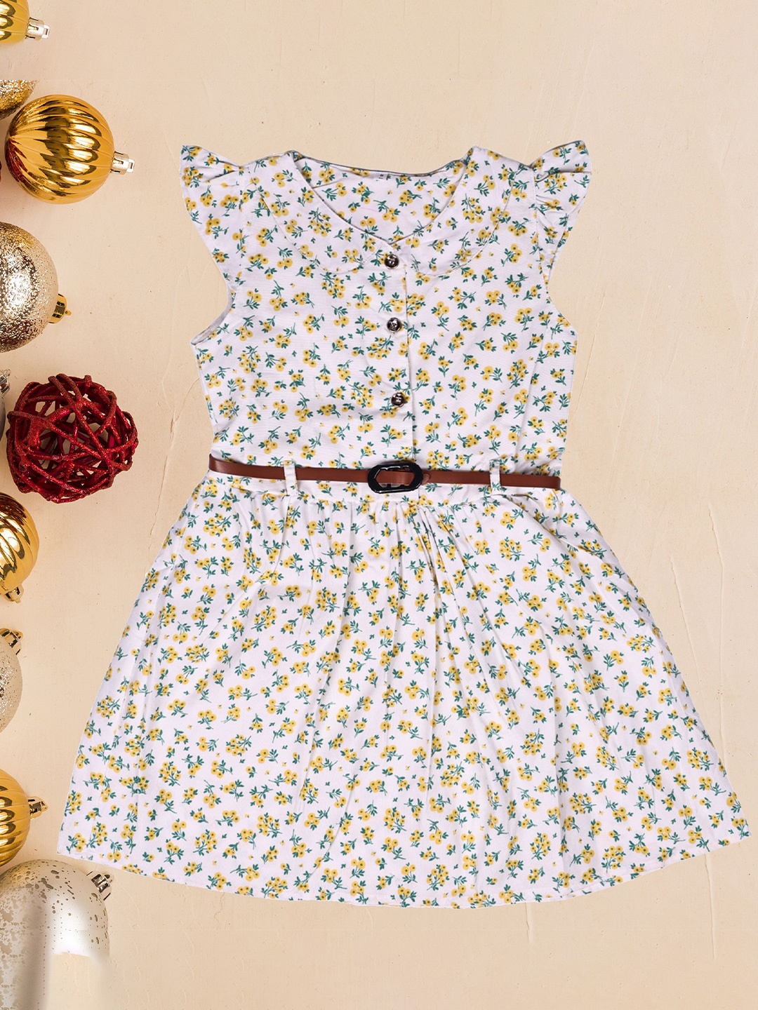 

Arshia Fashions Girls Floral Print Flutter Sleeve A-Line Dress, White