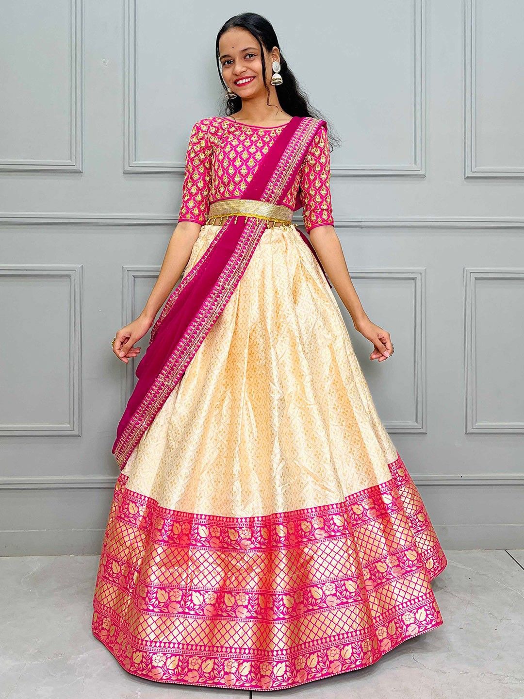 

Fabcartz Beads and Stones Semi-Stitched Lehenga & Unstitched Blouse With Dupatta, Cream