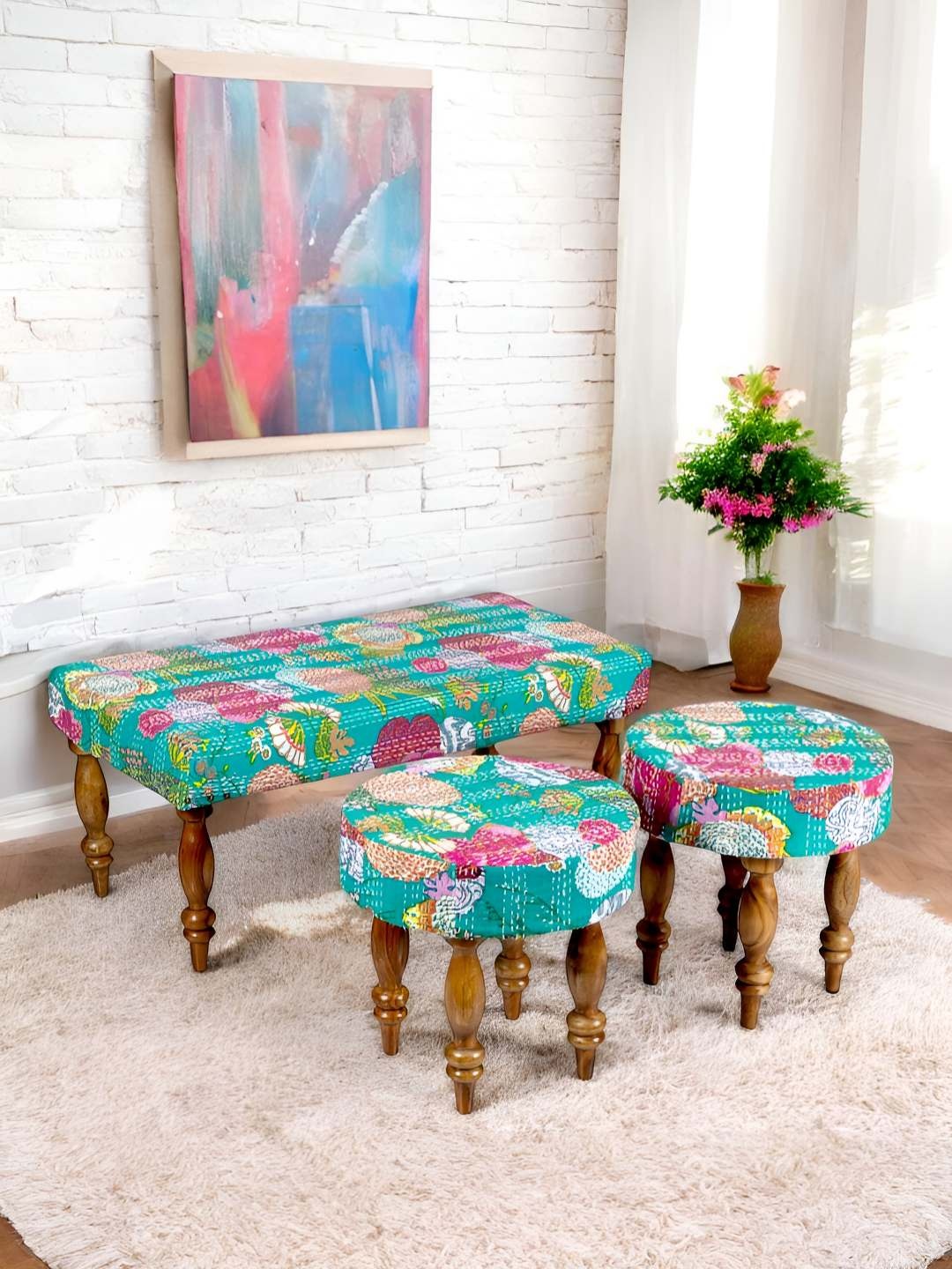 

Ikiriya Sea Green & Pink Wood Mid Century 3 Seater Bench Set with 2 Stools