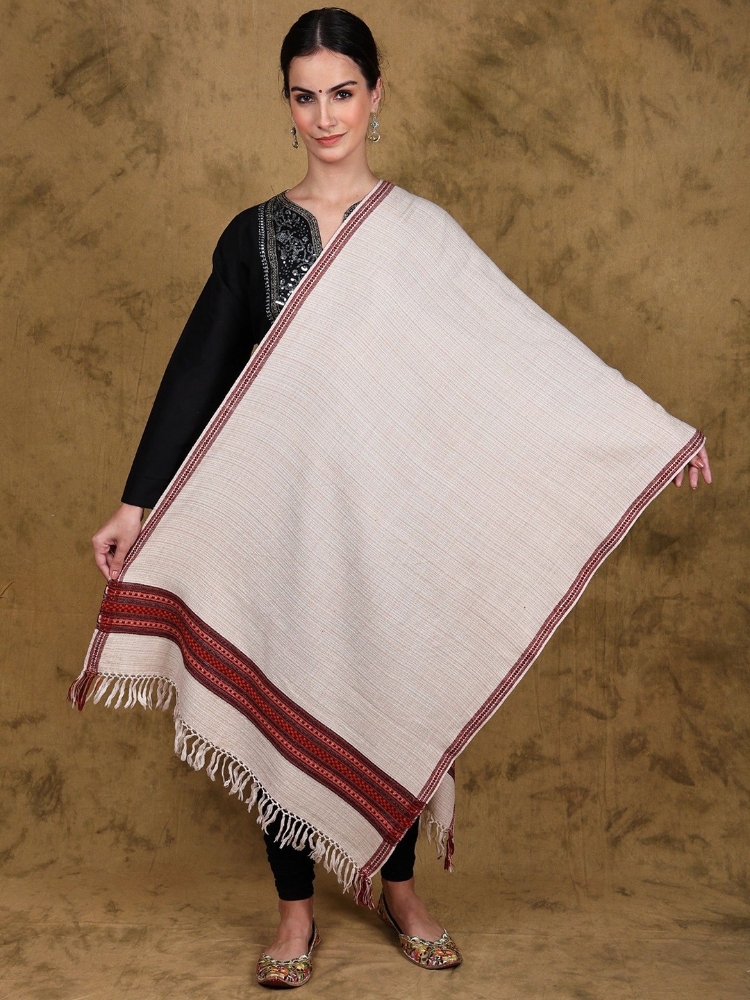 

Exotic India Wool Stole with Woven Kinnauri Border and Stripe Pattern, Beige