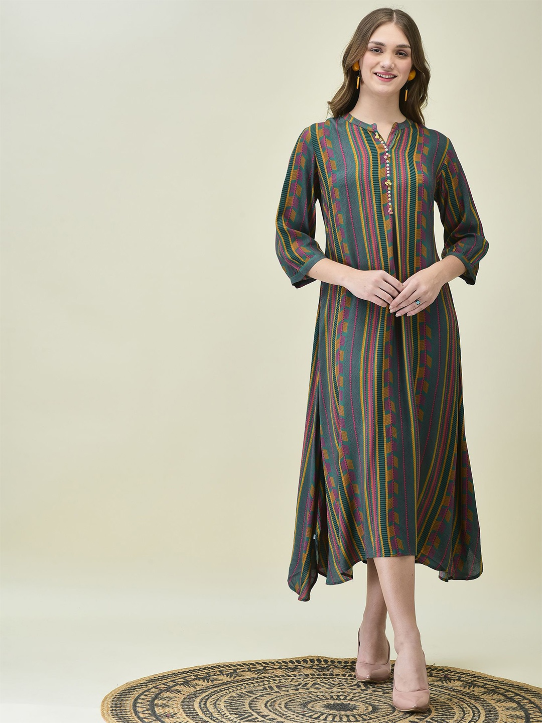 

Shree Women Mandarin Collar A-Line Midi Dress, Green