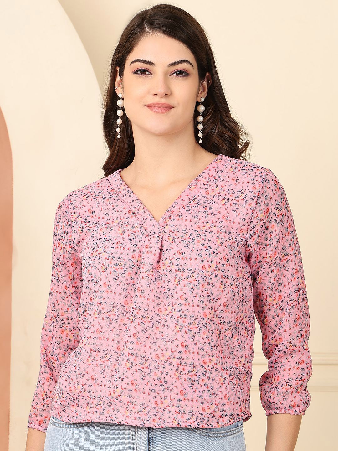 

NEUDIS Floral Print Georgette Tops, Pink