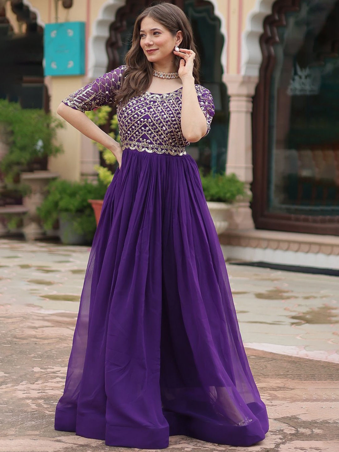 

Fashion Basket Women Ethnic Motifs Embroidered Georgette Fit and Flare Maxi Dress, Purple