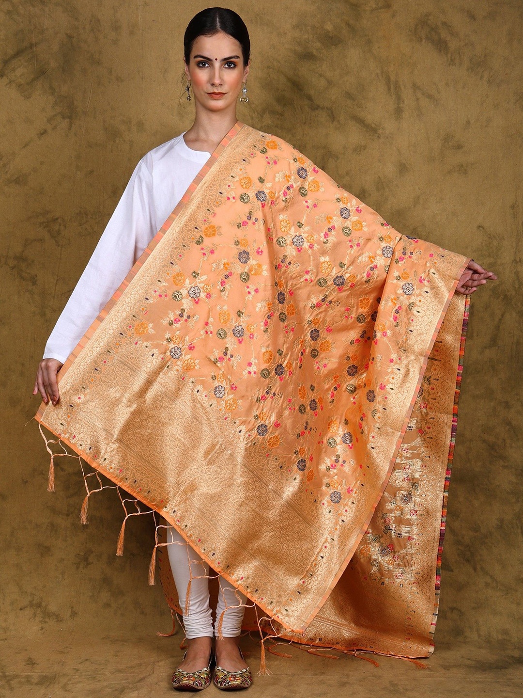 

Exotic India Art Silk Dupatta with All-Over Brocaded Multicolor Floral Vines, Orange