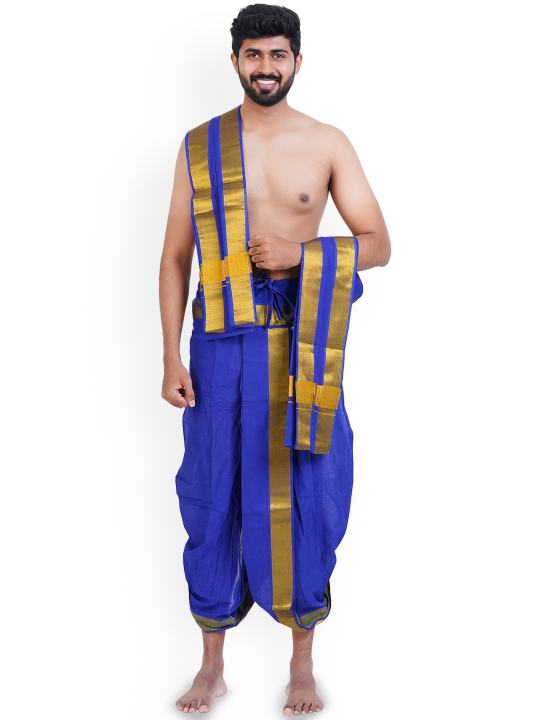 

Ethazh Mens Cotton 9*5 Colour 100 K Jarigai Blue Panchakacham with Angavasthiram