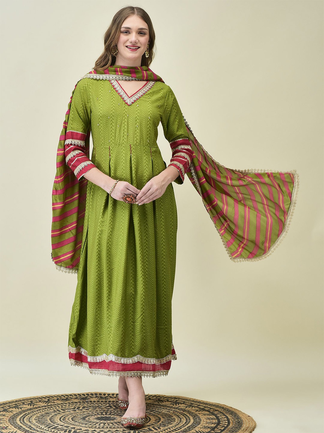 

Shree V-Neck Geometric Printed Fit & Flare Maxi Ethnic Dress Comes with a Dupatta, Green