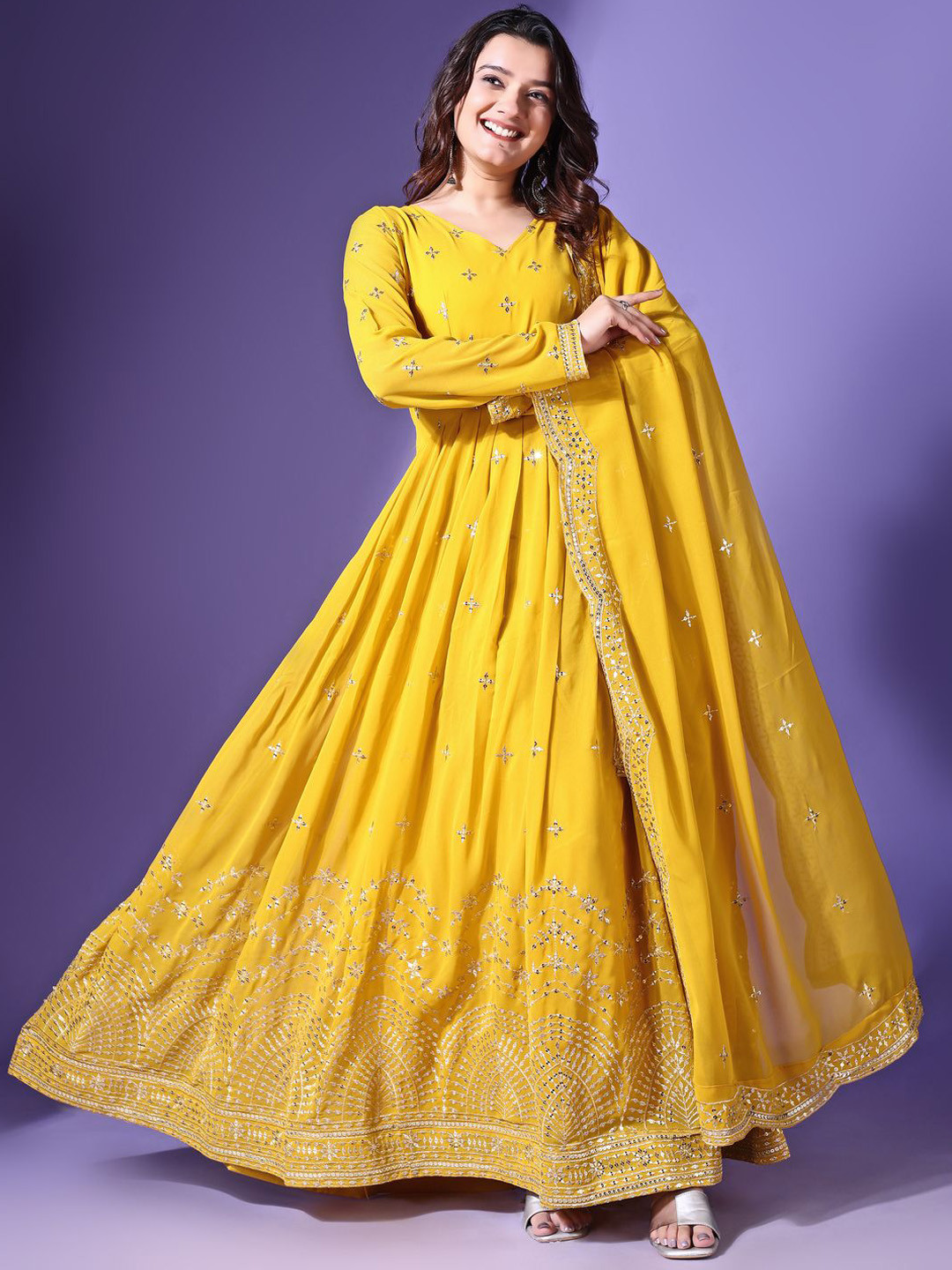 

Ethnic Yard Embroidered Fit & Flared Gown, Yellow