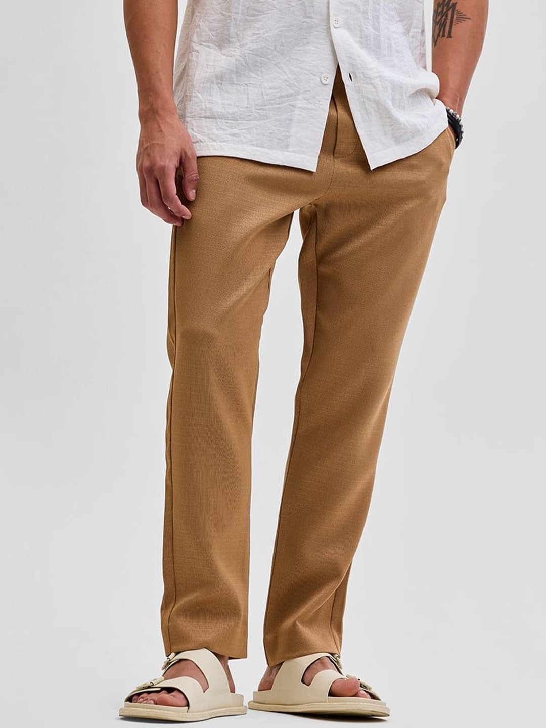 

Snitch Men Smart Slim Fit Trousers, Brown