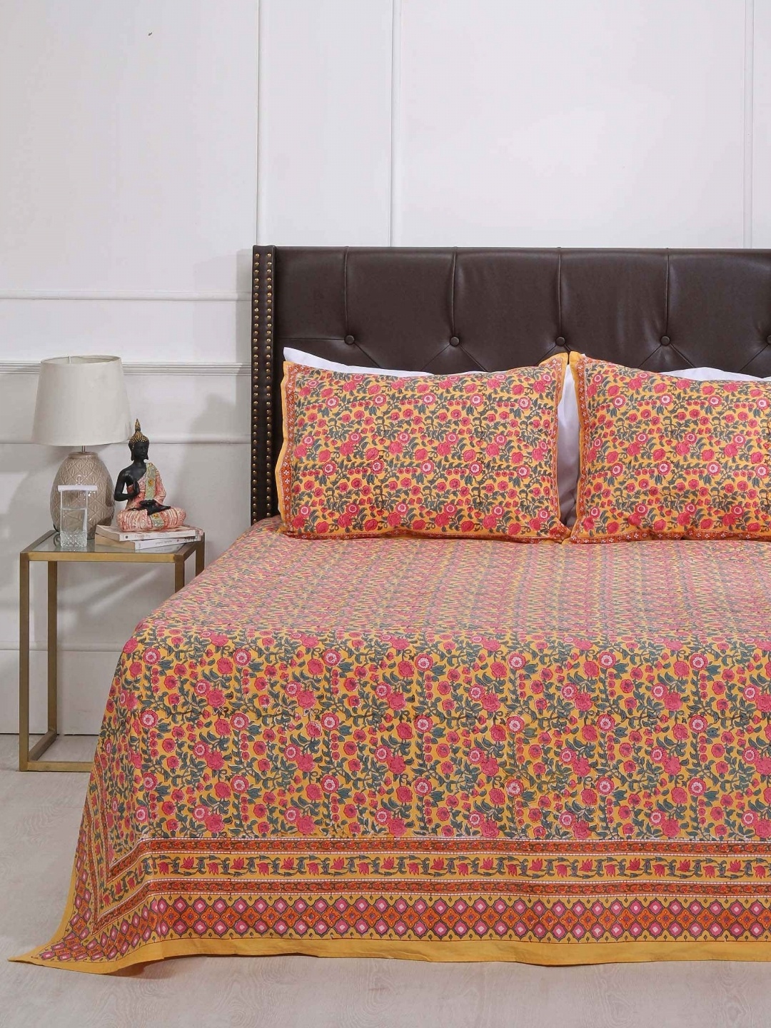

SHAHENAZ Yellow & Pink Floral 120 TC Queen Bedsheet with 2 Pillow Covers