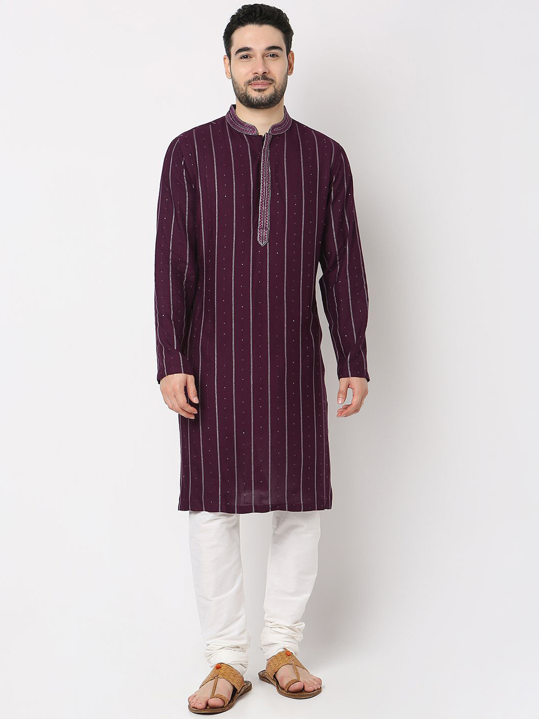 

Ethnicity Men Striped Thread Work Kurta, Red