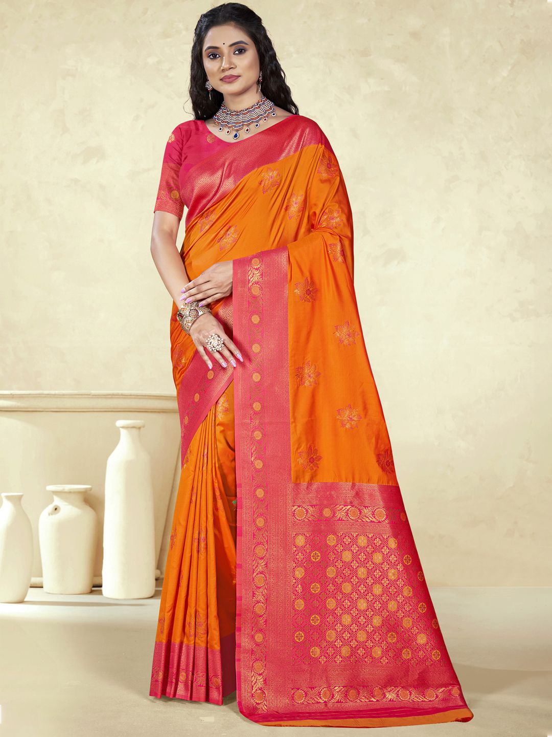 

SANGAM PRINTS Woven Design Zari Silk Blend Designer Tussar Saree, Orange