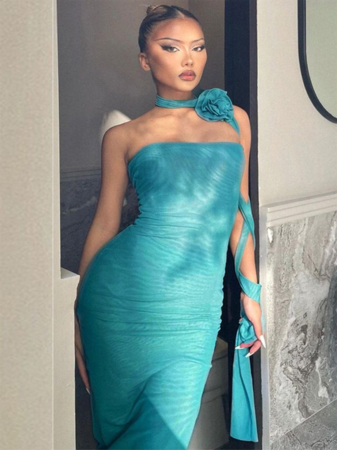 

LULU & SKY Strapless Sleeveless Bandeau Midi Dress With Floral Detail Scarf, Turquoise blue