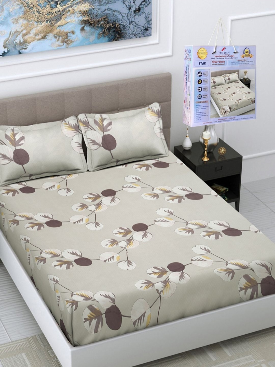 

FABINALIV Grey & Brown Floral 300 TC King Bedsheet with 2 Pillow Covers