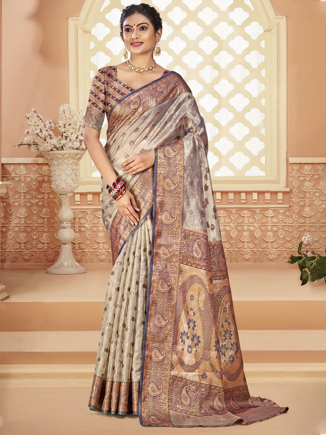 

SANGAM PRINTS Woven Design Zari Silk Blend Tussar Saree, Grey